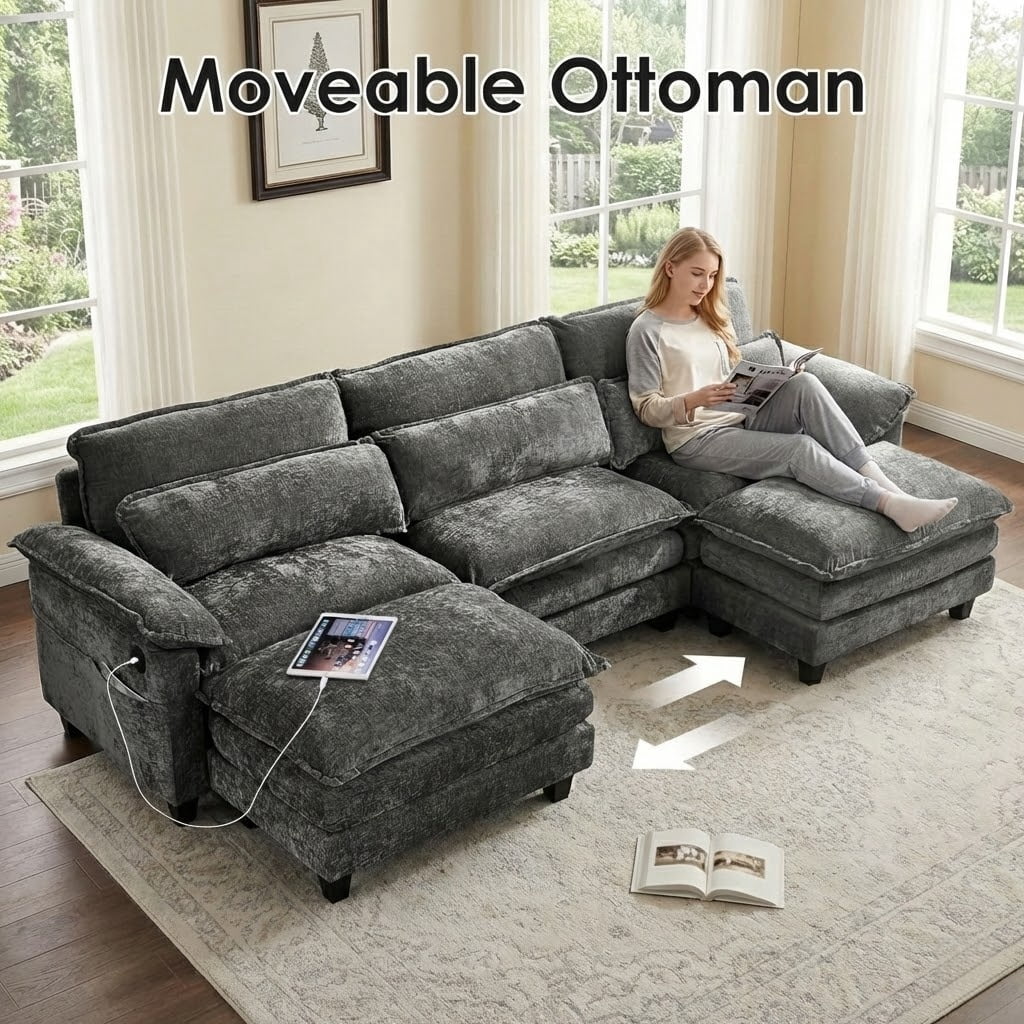 TiramisuBest 113" Cloud Couch Modular Sectional Sofa with 2 Ottomans, Premium Chenille Fabric Sectional Couch with Deep Seat for Living Room Bedroom (Gray)