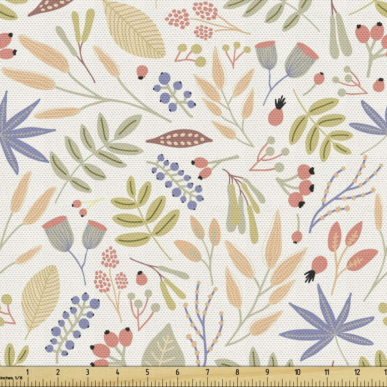 Vintage Fabric by the Yard, Repeating Botanical Pattern with Design Flowers  and Leafy Herbs, Decorative Upholstery Fabric for Chairs & Home Accents