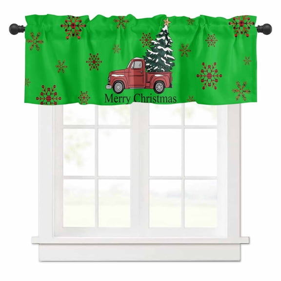 Merry Christmas Valances for Windows Truck Tree Plaid Snowflake Green Background Rod Pocket Curtain Valance Window Treatment Short Curtains for Kitchen Living Room, 60"x14"