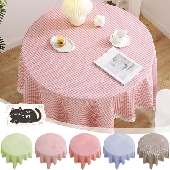 Round Gingham Tablecloth, Lace Trim Plaid Fabric Table Cover, Multi Color Pastoral Style Table Sheet, Farmhouse Indoor Dining Decor, Coffee Table Arrangement And Casual Party Ornament Accessory