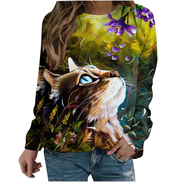 Camisas de mujer con estampado gráfico de manga larga con cuello redondo, sudadera, suéter, tops cómodos Fridja hkj1563