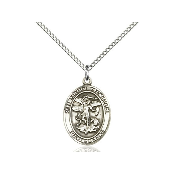 Sterling Silver San Miguel Arcangel Pendant 3/4 x 1/2 inches with 18 inch Sterling Silver Curb Chain