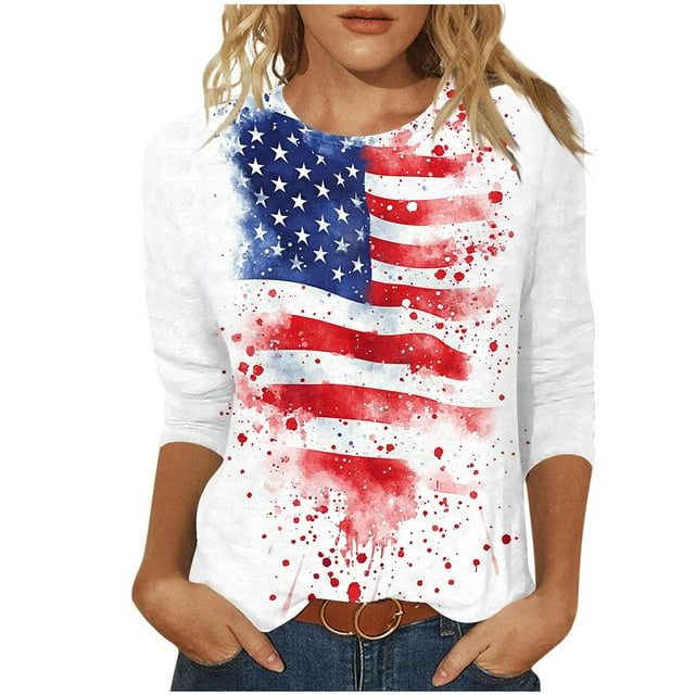 KIHOUT Blouse Imprimée Independence Day pour Femmes Manches 3/4 Col Rond Ample Mode Chandail Rouge 4TG