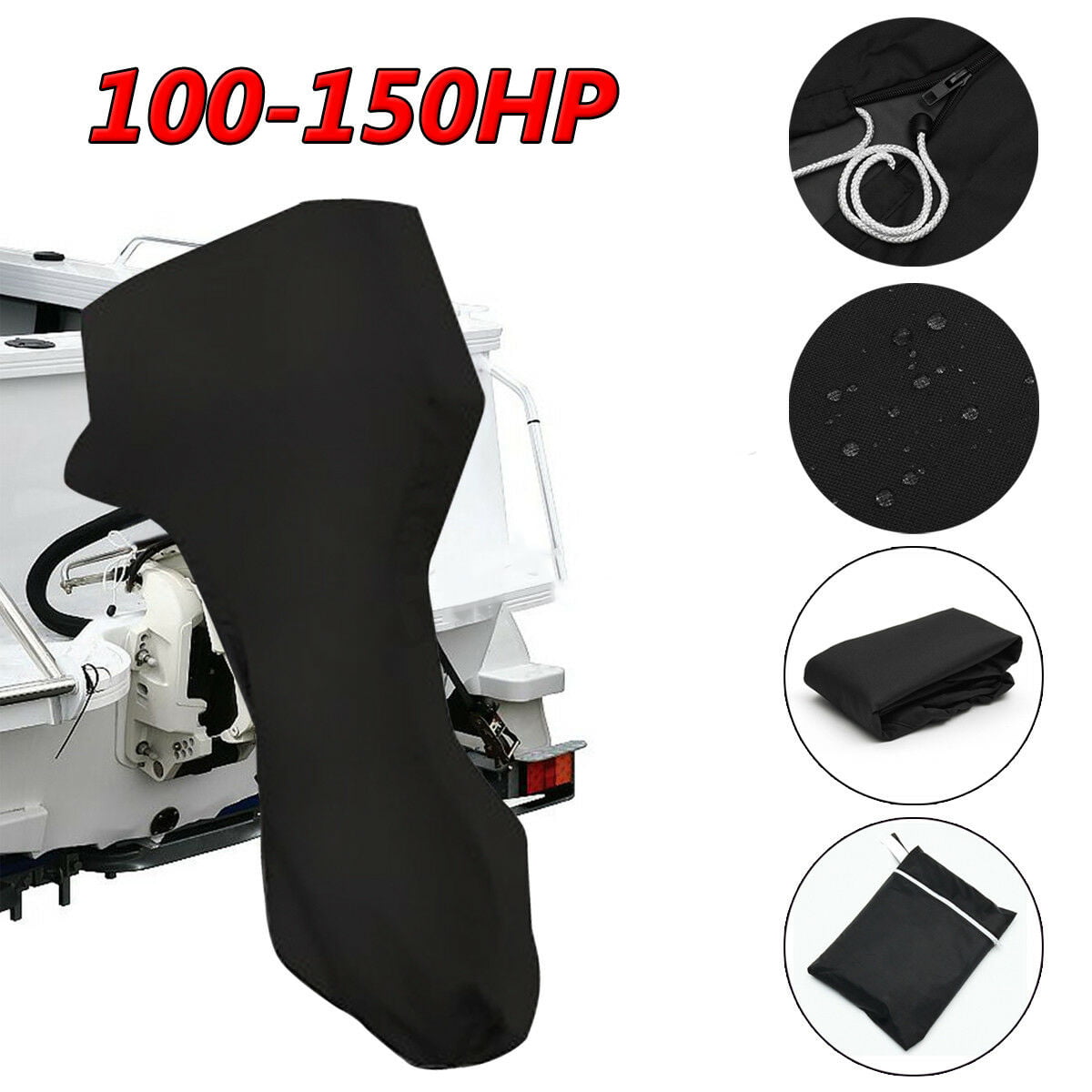 600D Boat Full Outboard Engine Motor Cover Fits Up to 6-225HP Black Waterproof 
