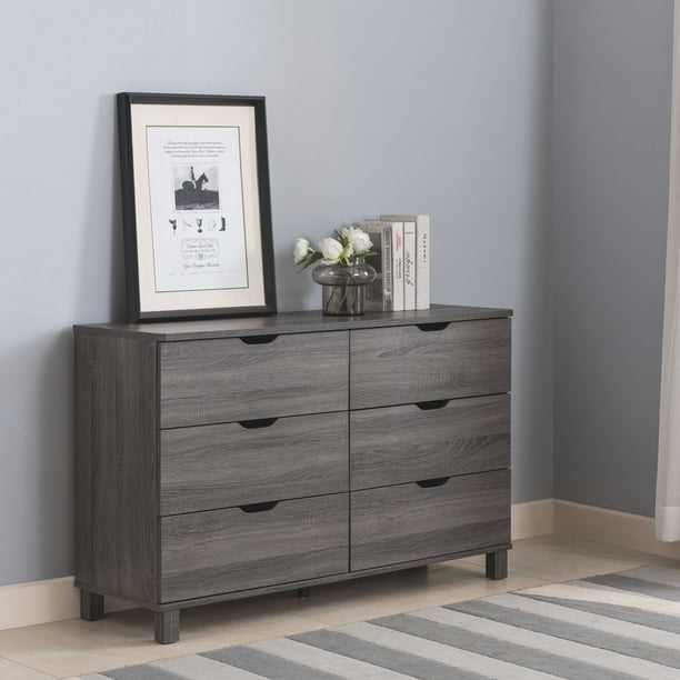 Transitional Modern 6Drawer Bedroom Dresser Chest, Distressed Grey