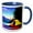 Blue/White, variant on 3drose, Yellow Tent by the Mountain Lake, Red Shadows. Evening. Happy Camper, 11oz Two-tone Green Mug