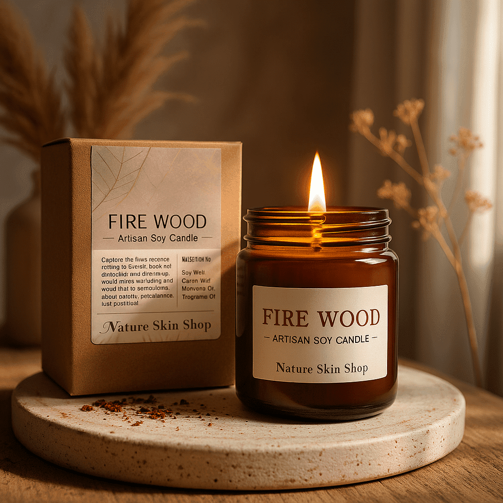 Nature Skin Shop Firewood Soy Candle – Clean-Burning Wood Wick Candle with Smoky Cedar & Amber Notes – 8 oz Jar – Cozy Modern Home Fragrance
