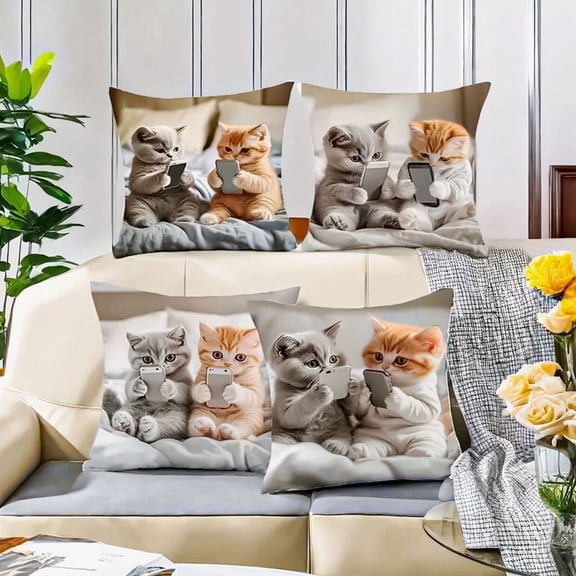 Yeciiwht Pillow Covers 18x18 Inches Cats Playing with Mobile Phone Print Throw Pillow Covers, Sofa Cushion Covers Soft Cozy Pillow Case for Bedroom Living Room Home Decoration