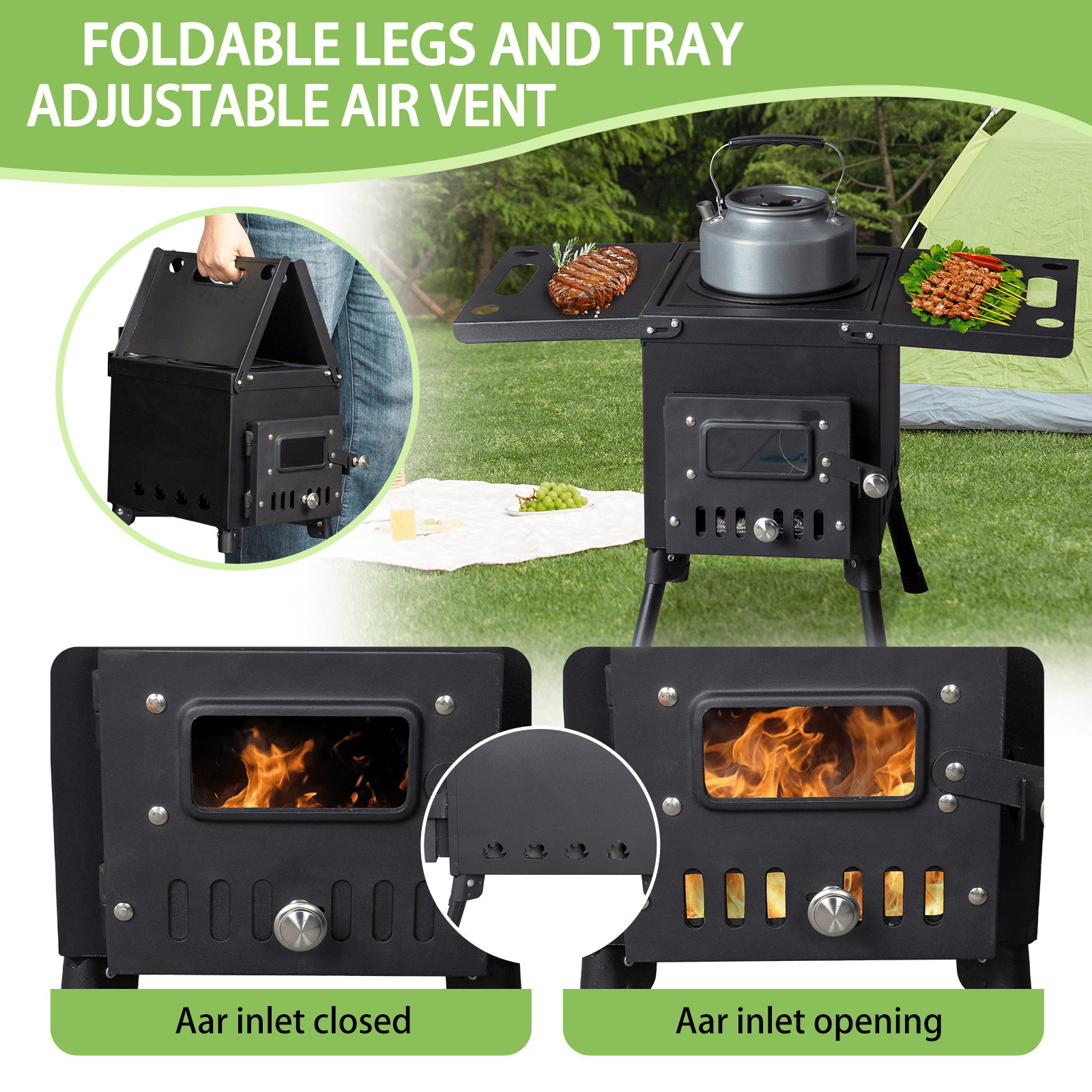 Portable Wood Burning Camping Stove - Collapsible Tent Stove with Chimney Pipes, Fire Blanket & Gloves - 50,000 BTU Heater/Cooker for Tents, Hunting, Ice Fishing - Black Steel (22.6" x 12.2" x 14.6")