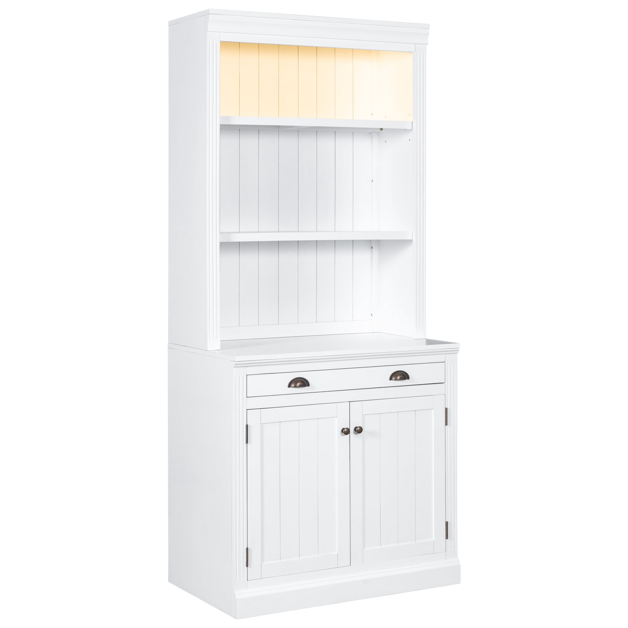PORKISS Bookcase with Doors, Wooden Tall Bookshelf with LED Light and Storage, Modern Display Shelf with Drawer and Open Shelves for Living Room, Home Office, White