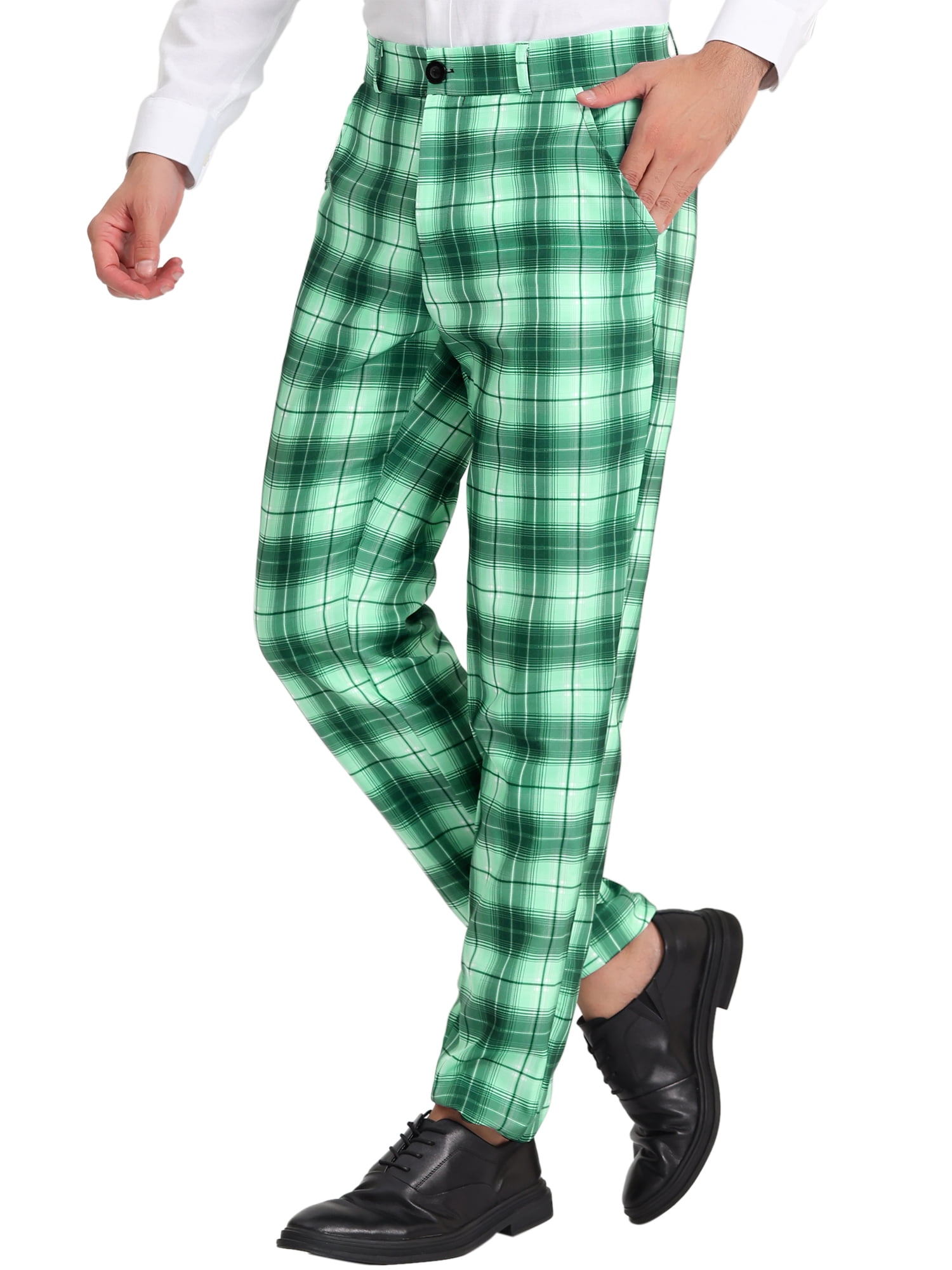 Unique Bargains Men's Plaid Slacks Regular Fit Flat Front Work Prom Checked Pants 36 Light Green