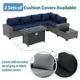 thumbnail image 3 of JOIVI 7 Pieces Patio Furniture Set with 45" Fire Pit Table, Wicker Outdoor Conversation Set with Cushions, Rattan Sectional Sofa and Table Set with 50,000 BTU Gas Fire Pit, Navy Blue, 3 of 15