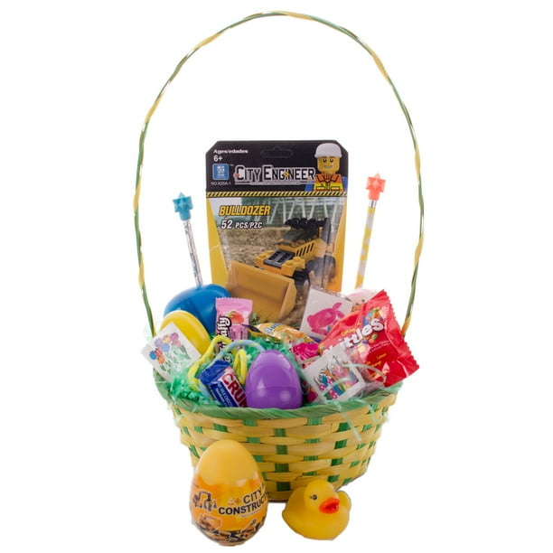 Boy Construction Building Block Toys 108pc Filled Easter Basket Gift Set, Yellow