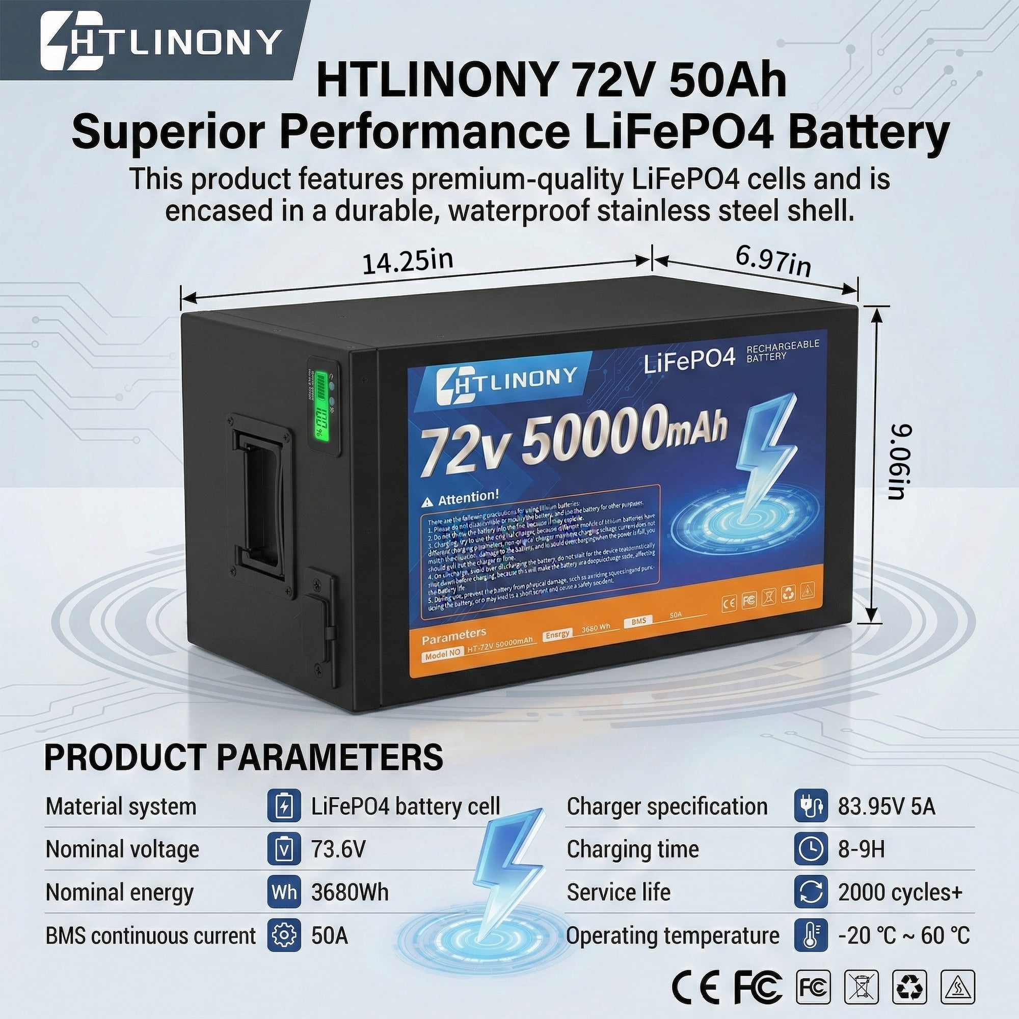 HTLINONYT 72V 50Ah LiFePO4 Electric Bike Battery, Built-in BMS, Replacement Battery for 250W-1500W Ebike & Scooter Motors