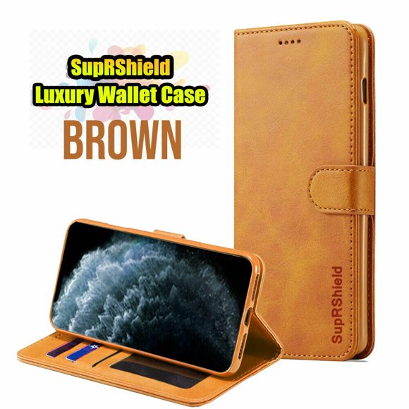 Apple iPhone 12 Mini Brown Genuine SupRShield Wallet Leather Flip Stand Magnetic Case Cover