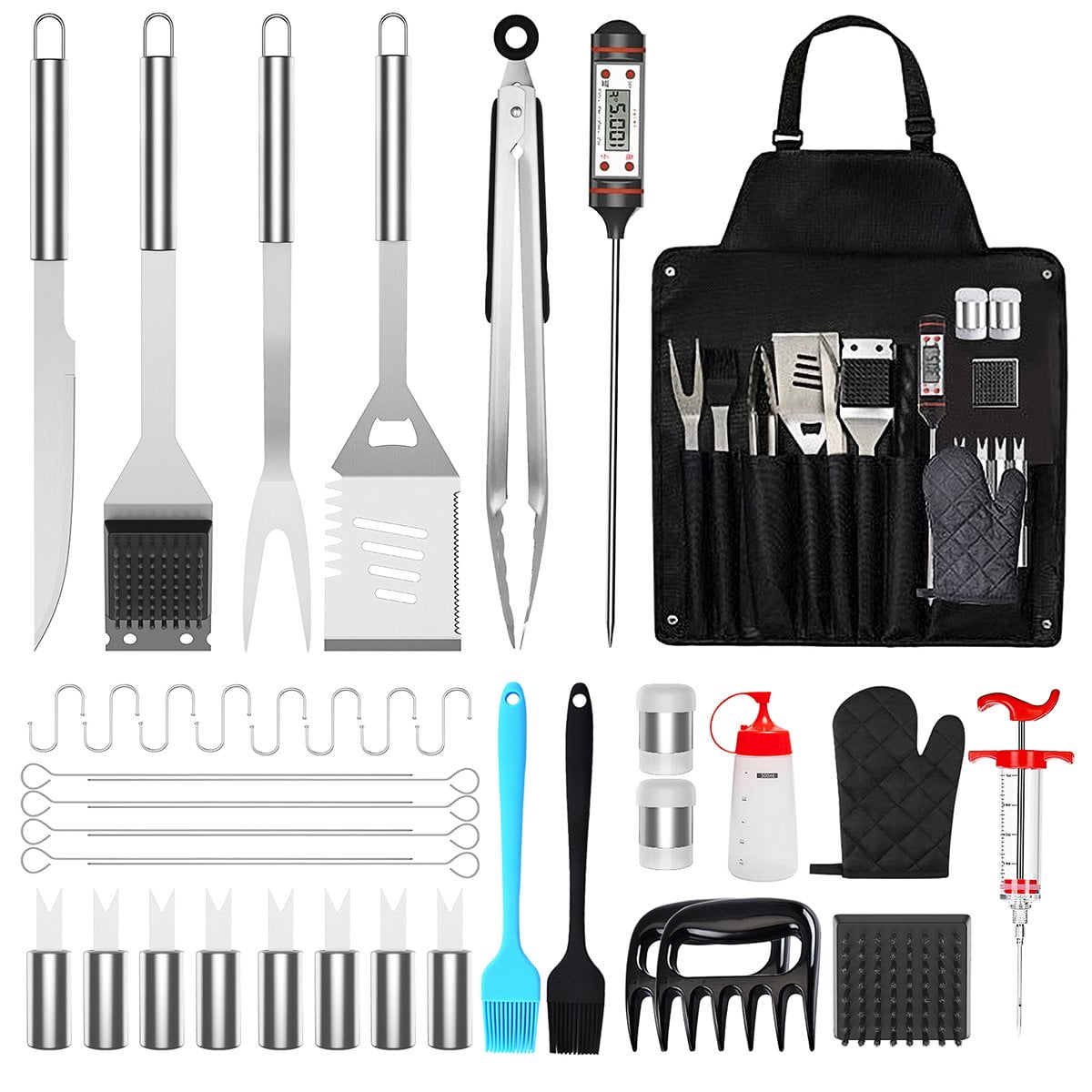 41Pcs BBQ Grill Tool Set, Grill Accessories BBQ Tools with Storage Bag,  Extra Thick Stainless Steel Spatula Fork & Tongs, Meat Syringe&Thermometer BBQ  Utensils Set for Camping, Outdoor, Backyard Party 