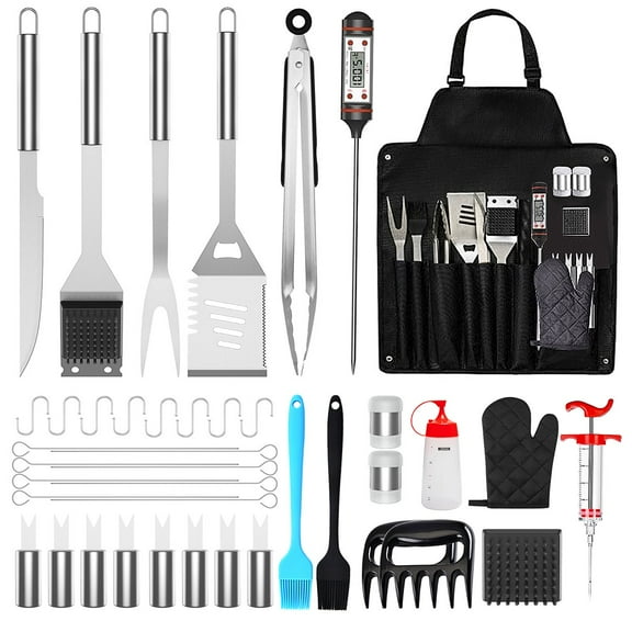 41Pcs BBQ Grill Tool Set, Grill Accessories BBQ Tools with Storage Bag, Extra Thick Stainless Steel Spatula Fork & Tongs, Meat Syringe&Thermometer BBQ Utensils Set for Camping, Outdoor, Backyard Party