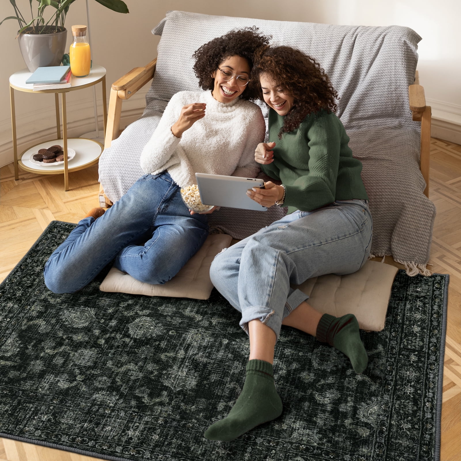 SPRINDAY Boho Green Area Rug, 3'x5' Vintage Rugs for Entryway, Non-Slip Washable Distressed Carpet for Home Office Decor