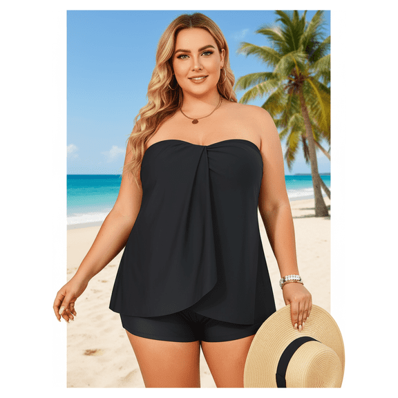 Women's Plus Size Black Bandeau Tankini Set with Boy Shorts, Twist Front Tummy Control for Pool and Beach