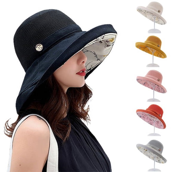 Womens Packable Reversible Bucket Hat UV Sun Protection Wide Brim Summer Beach Cap
