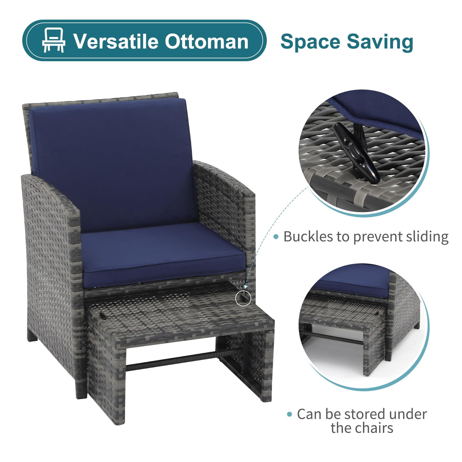 JOIVI 5 Piece Patio Furniture Set, Wicker Outdoor Conversation Chair and Ottoman Set with Coffee Table, Pillows Included, Navy Blue
