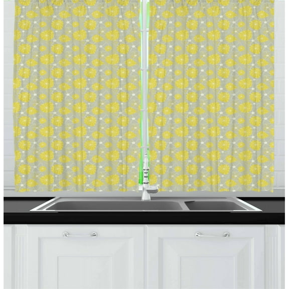 Floral Curtains 2 Panels Set, Abstract Blossoming Spring Dandelions Sketch Style Nature Composition, Window Drapes for Living Room Bedroom, 55W X 39L Inches, Off White Dust and Yellow, by Ambesonne