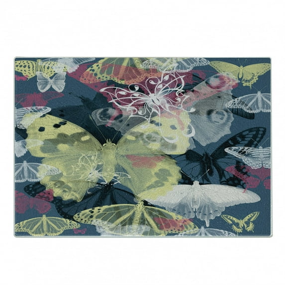 Abstract Cutting Board, Colorful Butterflies Hand Drawn Springtime Natural Wildlife Detailed Illustration, Decorative Tempered Glass Cutting and Serving Board, Small Size, Multicolor, by Ambesonne