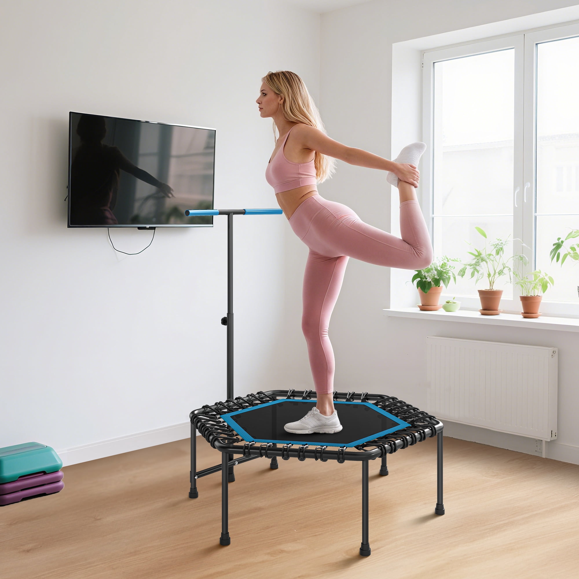 Soozier 45" Mini Trampoline, Rebounder Trampoline for Adults with LED Lights and Adjustable Handle, Quiet Bungee Rebounder, Blue