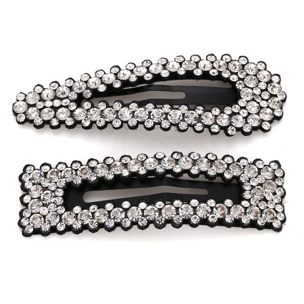 2PCS Rhinestone Snap Hair Clips Simple Rectangle Hair Barrettes Snap