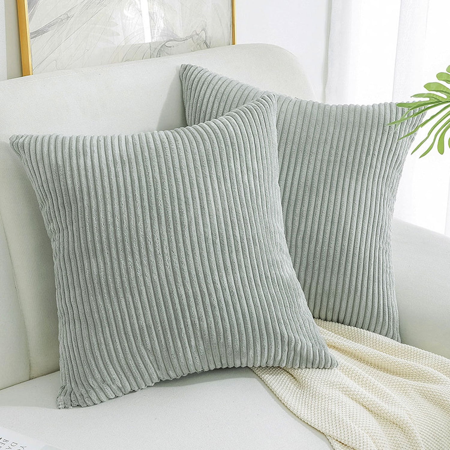 2Pcs Cream Pillows Shells Cushion Covers Corn Corduroy Striped Sofa Decor 16x16" 