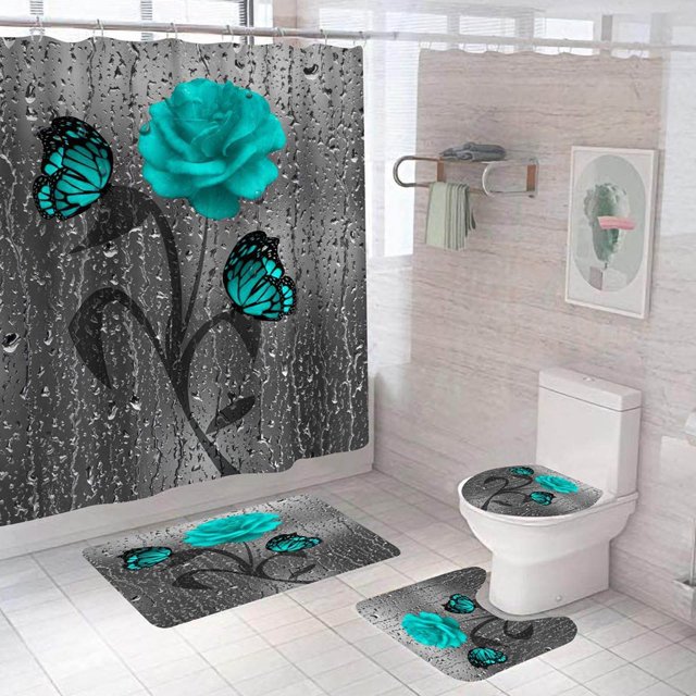 Puntoco Valentine'S Day Shower Room toilet Shower Curtain Floor Mats Four-Piece Set