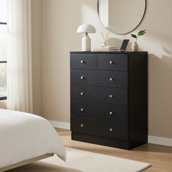 Spaco Modern 6-Drawer Dresser with Matte Gold Handles, Space-Saving Storage Cabinet for Bedroom, Living Room & Home Office, Black