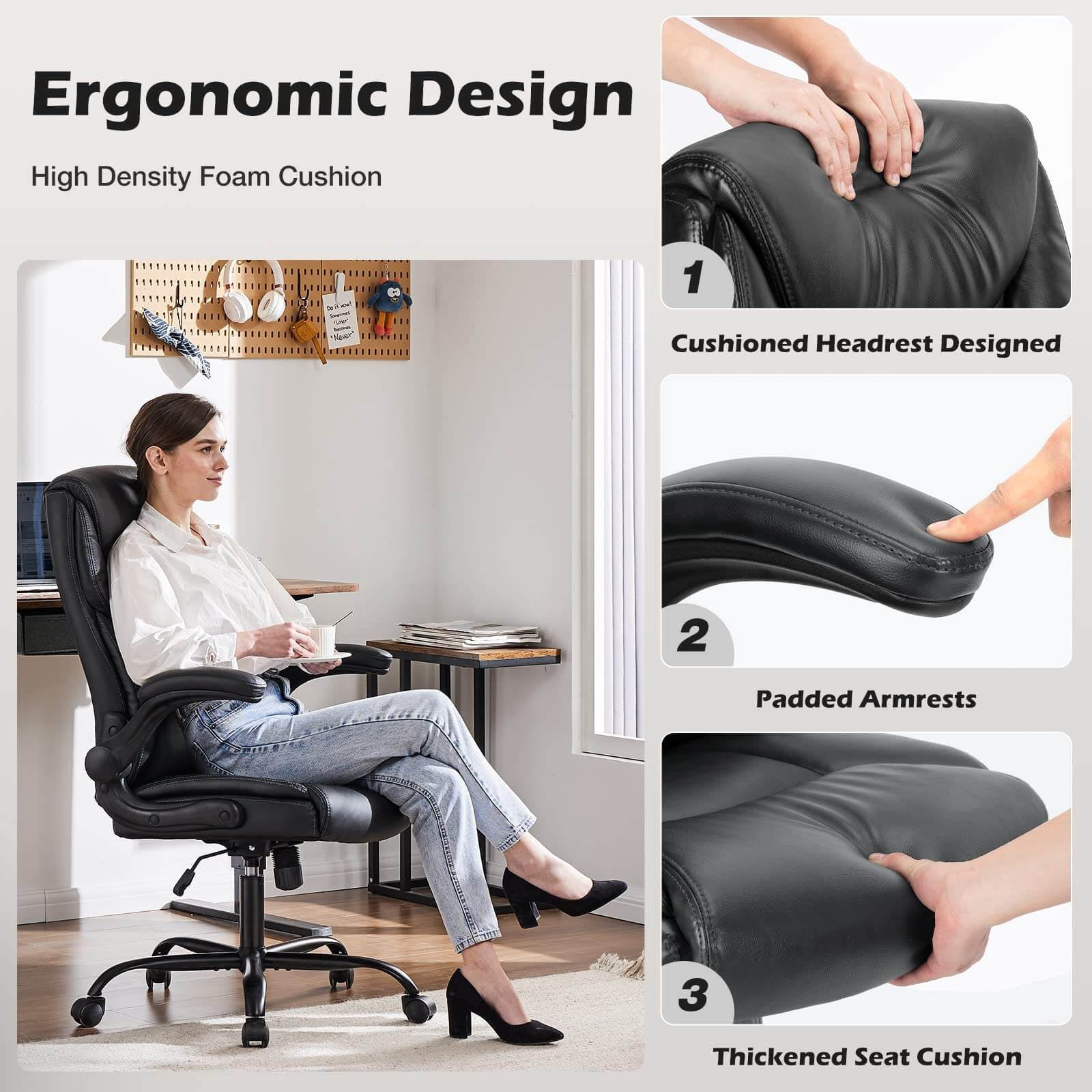Bigleap  Big and Tall Office Chair Desk Chair 300lbs Wide Seat with Adjustable Armrest and Lumbar Support PU Leather High Back Executive Task Ergonomic Computer Chair for Back Pain,Black1