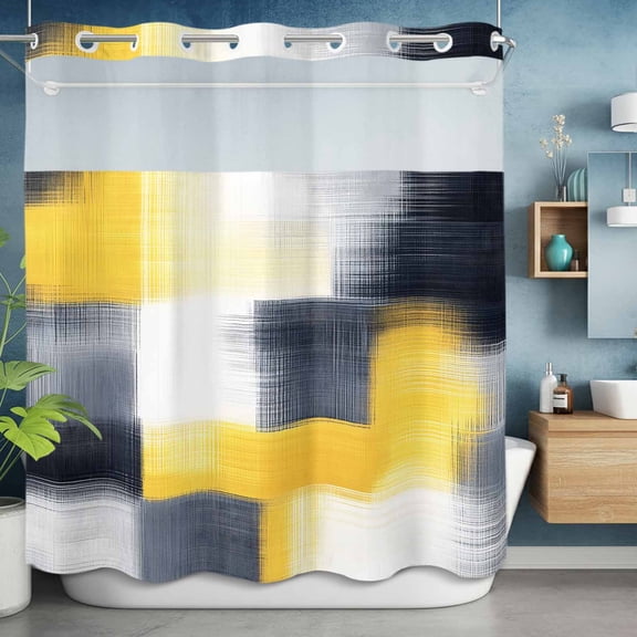 No Hooks Shower Curtain with Snap in Fabric Liner Set, Yellow Black White Splicing Shower Curtains Waterproof Bathroom Curtain with See Through Top Window,Hotel Style,72x72in Gradient Modern Abstract