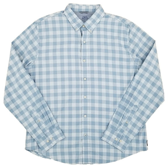 IZOD Mens Blue & White Check Long Sleeve Slim Fit Untucked Button-Down Shirt S