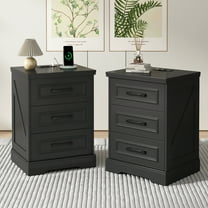 NEGYLIM 2-Piece Nightstand, Farmhouse End Table with Charging Station, 3 Drawers Storage for Bedroom