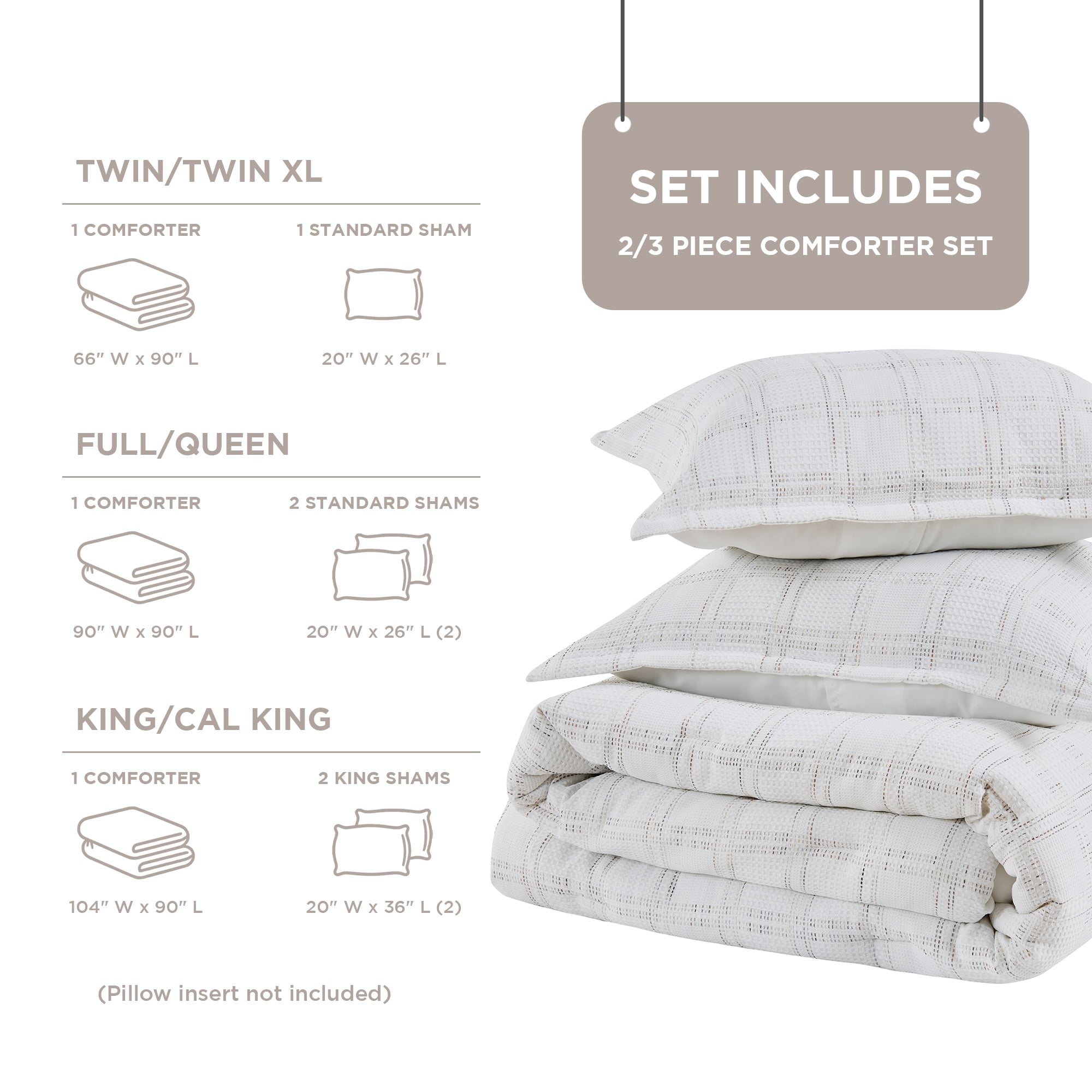 Regency Heights Waffle Weave Comforter Set, Full/Queen Size Textured Comforter Bed Set, 3-Piece Lightweight Bedding Set with Pillow Shams for All Season, White/Multi Color