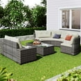 thumbnail image 3 of 8 Pieces Patio Half-Moon Sectional Furniture, Curved Outdoor Sofa Set, Beige Wicker Patio Conversation Sets with Glass Table, Side Tables and Cushions, 3 of 9