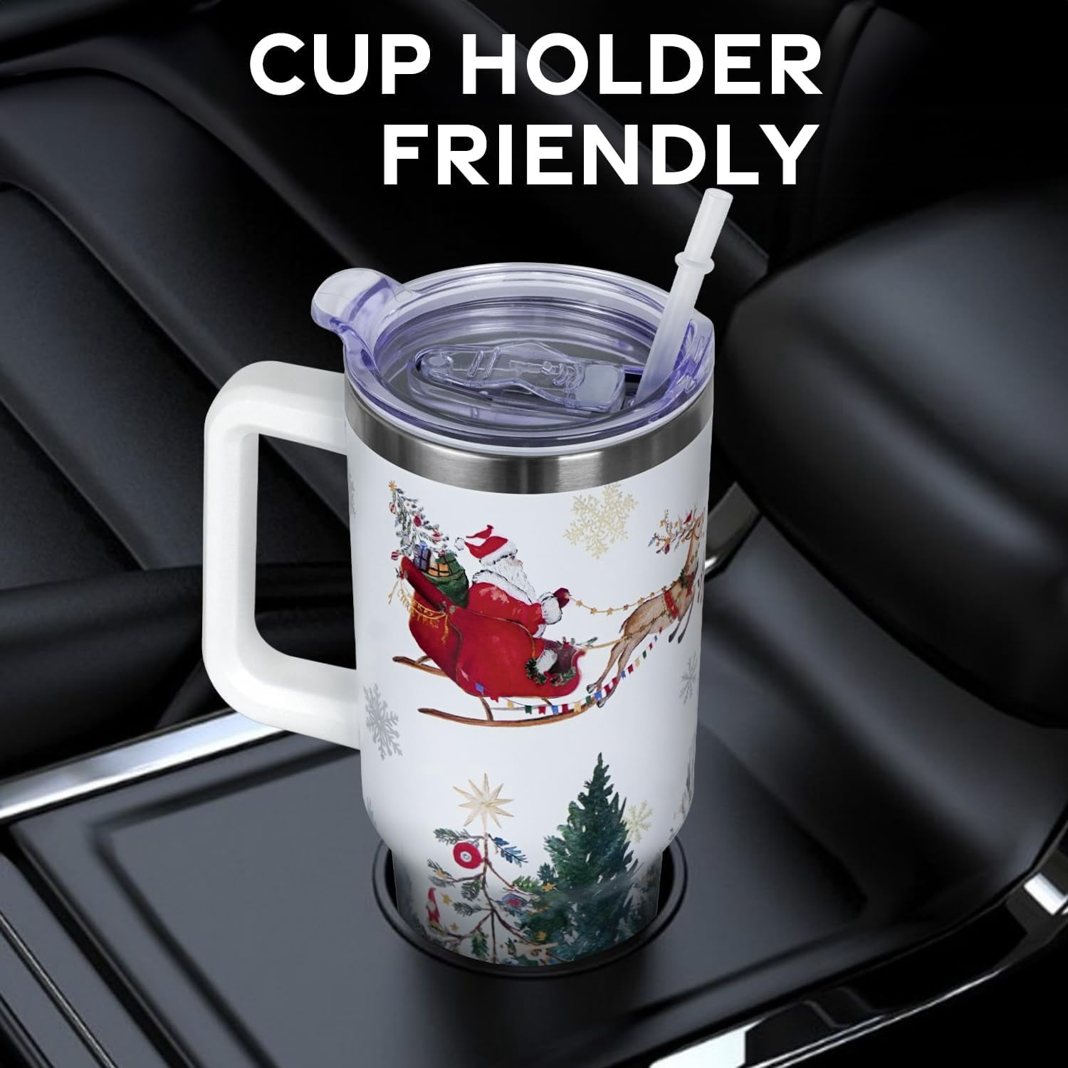 Christmas Gifts 40 oz Tumbler with Handle and Straw Lid,Cute Gifts for Women Santa Claus Sleigh Xmas Tree Vacuum Insulated Leak Proof Tumbler,Winter Holiday Accessories Stainless Steel Coffee Cup Mug