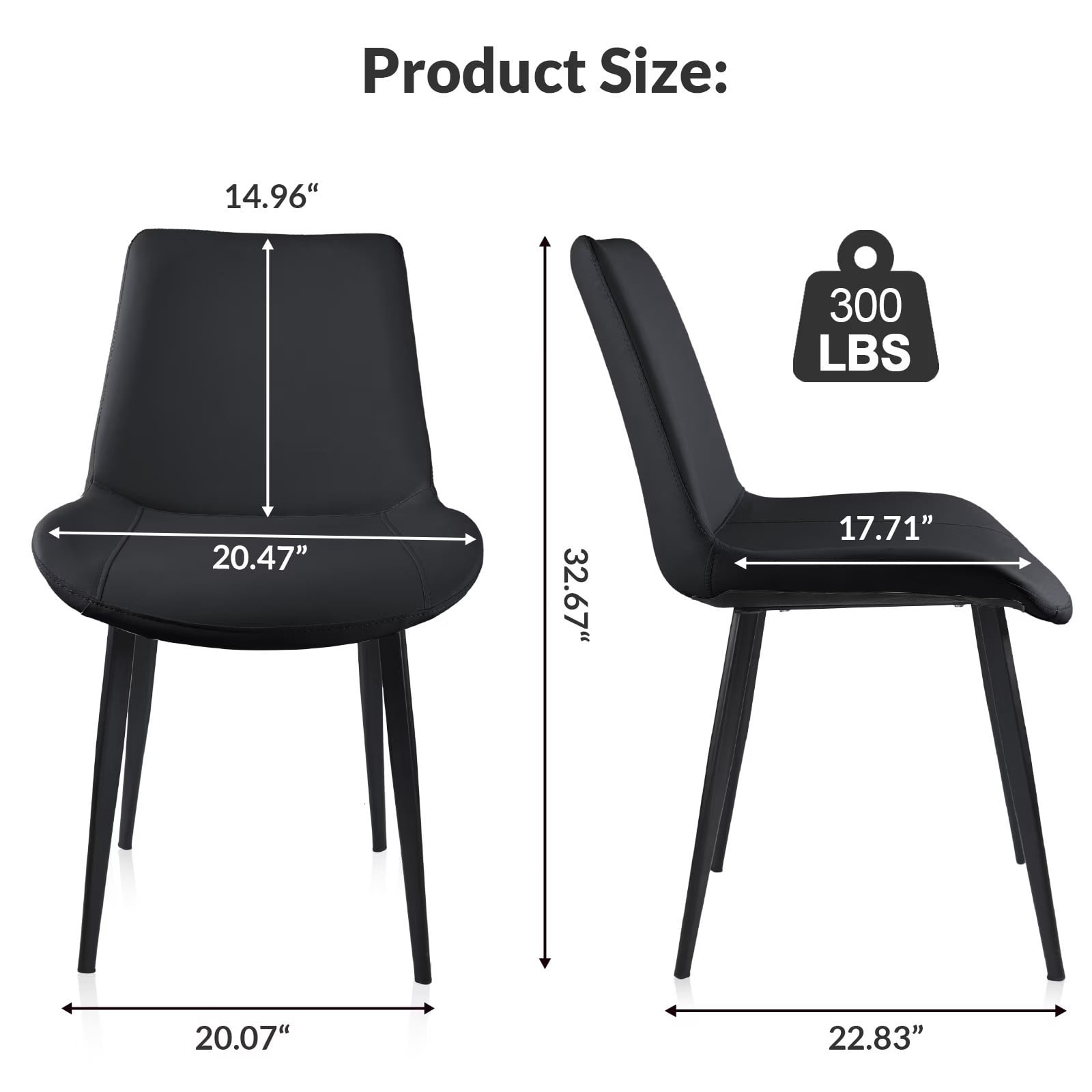 Black PU Leather Dining Chairs Set of 2, Modern Upholstered Kitchen Chairs with Metal Legs, Armless Side Chairs for Dining Room, Restaurant, Living Room & Meeting Room