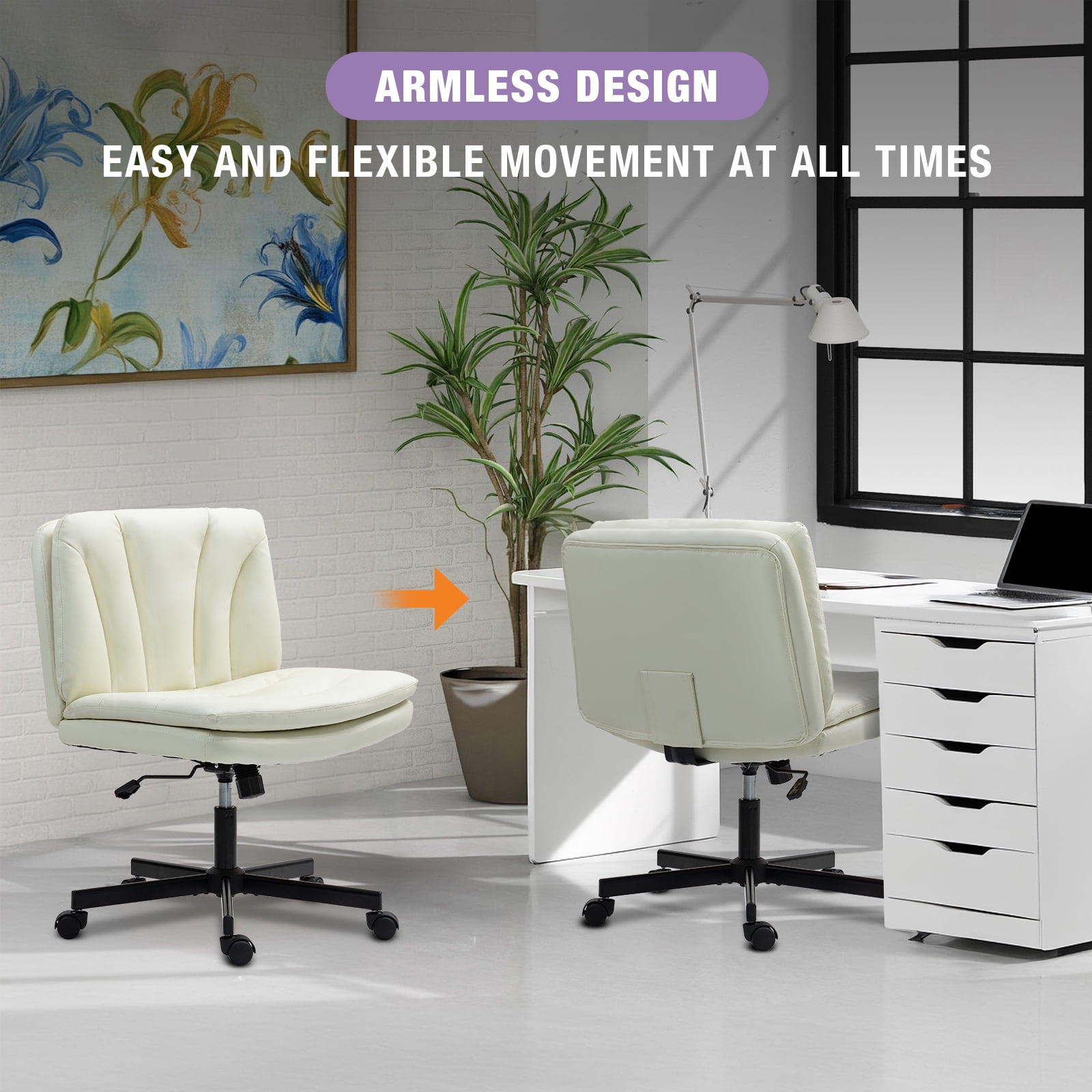 Criss Cross Legged Chair Ergonomic Home Office Desk Chair with Casters, Armless Wide Comfy Computer Task Seat Swivel Rolling Vanity Chair with Height Adjustable and Rocking Function, Beige