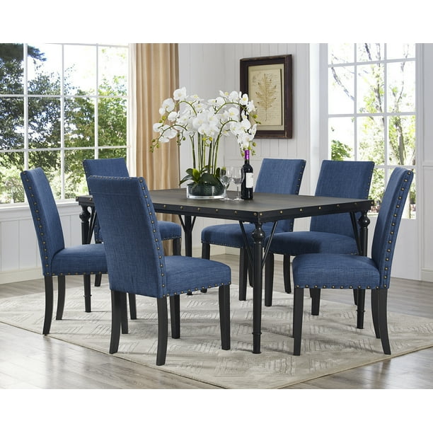 Roundhill Furniture Biony 7 Piece, Roundhill Furniture Biony Gray Fabric Dining Chairs With Nailhead Trim