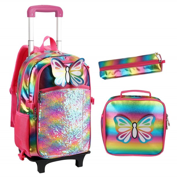 3Pcs Rolling Backpack for Kids with Lunch Bag Pencil Case,16" Girls