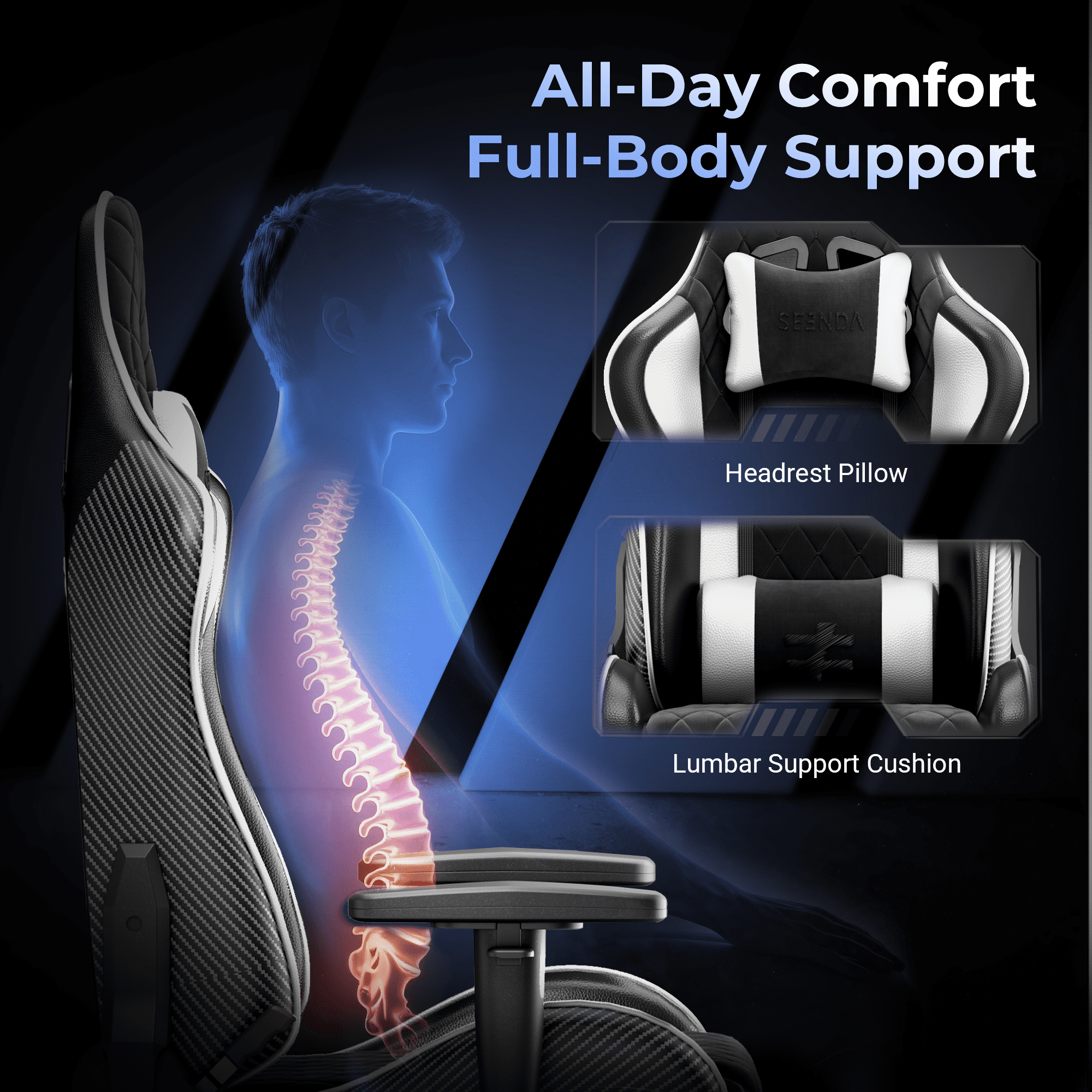 Seenda GCPro-10 Big and Tall Gaming Chair with Footrest, High-Back Ergonomic Office Chair, Heavy Duty Reclining Computer Desk Chair with Adjustable Lumbar Support and Headrest