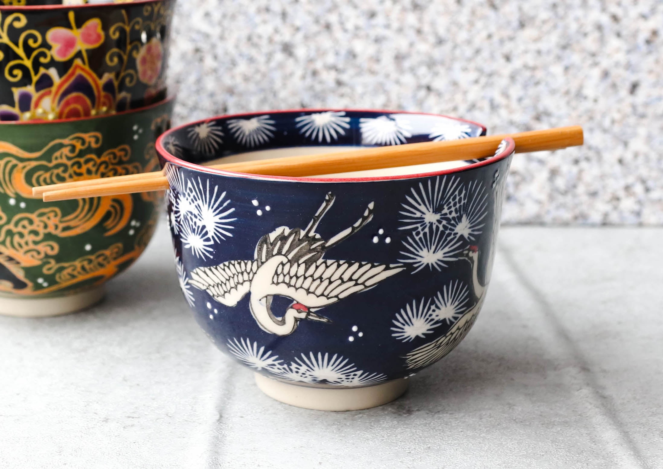 Japanese White Storks In Dark Blue Sky Ramen Soup Bowl With Chopsticks Set