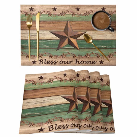 Country Stars Placemats Set of 8, Vintage Wood Grains Bless Our Home Farm Non-Slip Place Mats Washable Table Mats for Kitchen Dining Table Decorations Indoor/Outdoor