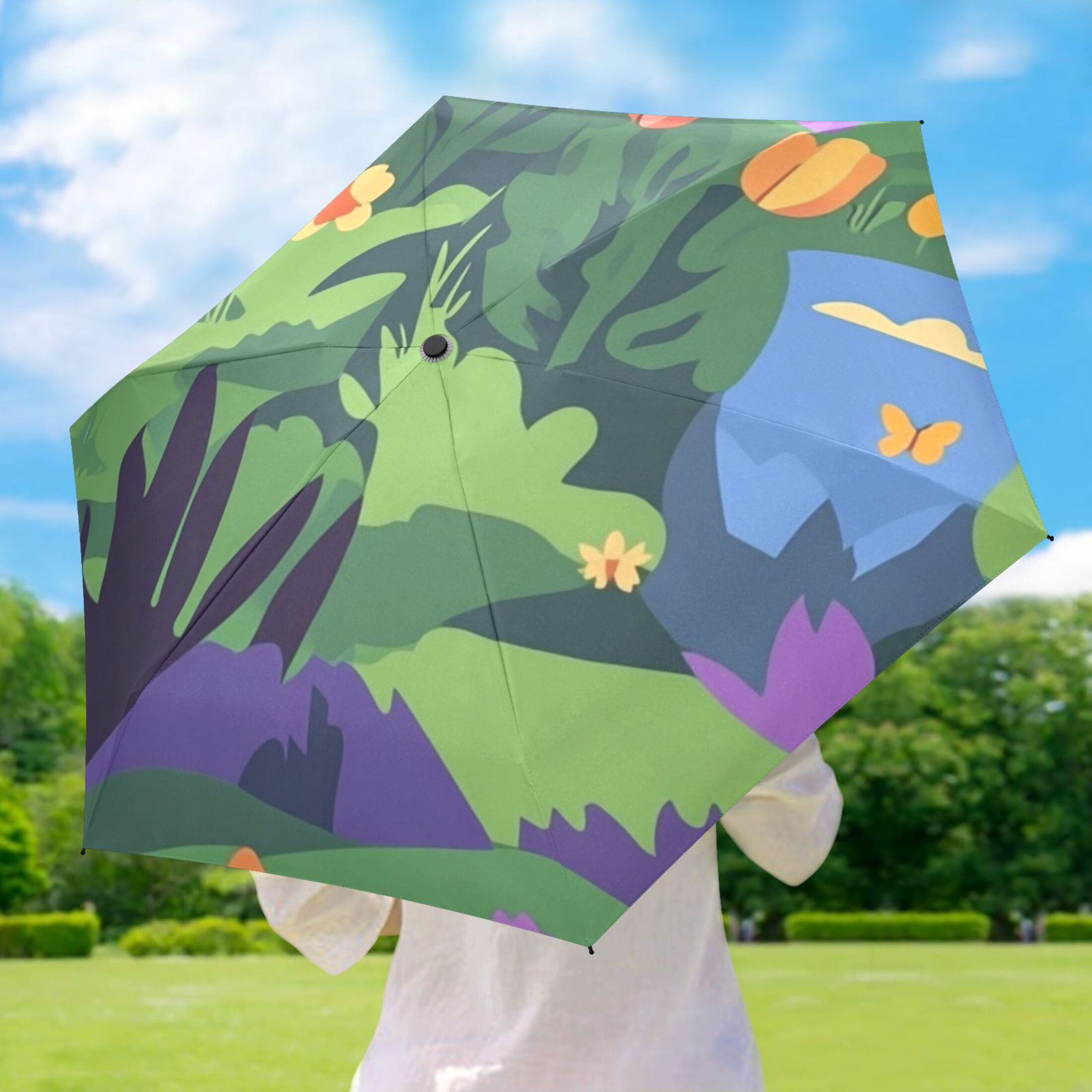 Vibrant Garden Scene Umbrellas for Sun Auto Open Close UV50+ Waterproof 5-Fold Compact Fiberglass Frame