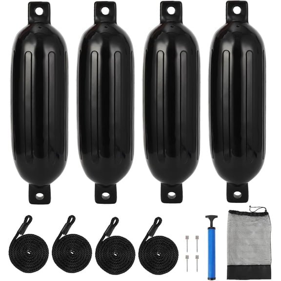 4 Pack Inflatable Boat Fenders - Marine Dock Bumpers with Ropes Air Pump and Storage Bag for Boats from 10 to 35 FT
