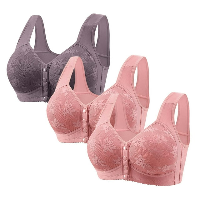 3 Pack Front Closure Bras for Women Front Button Closure Bra Full Coverage Bra Senior Front-Closing Wirefree Bra