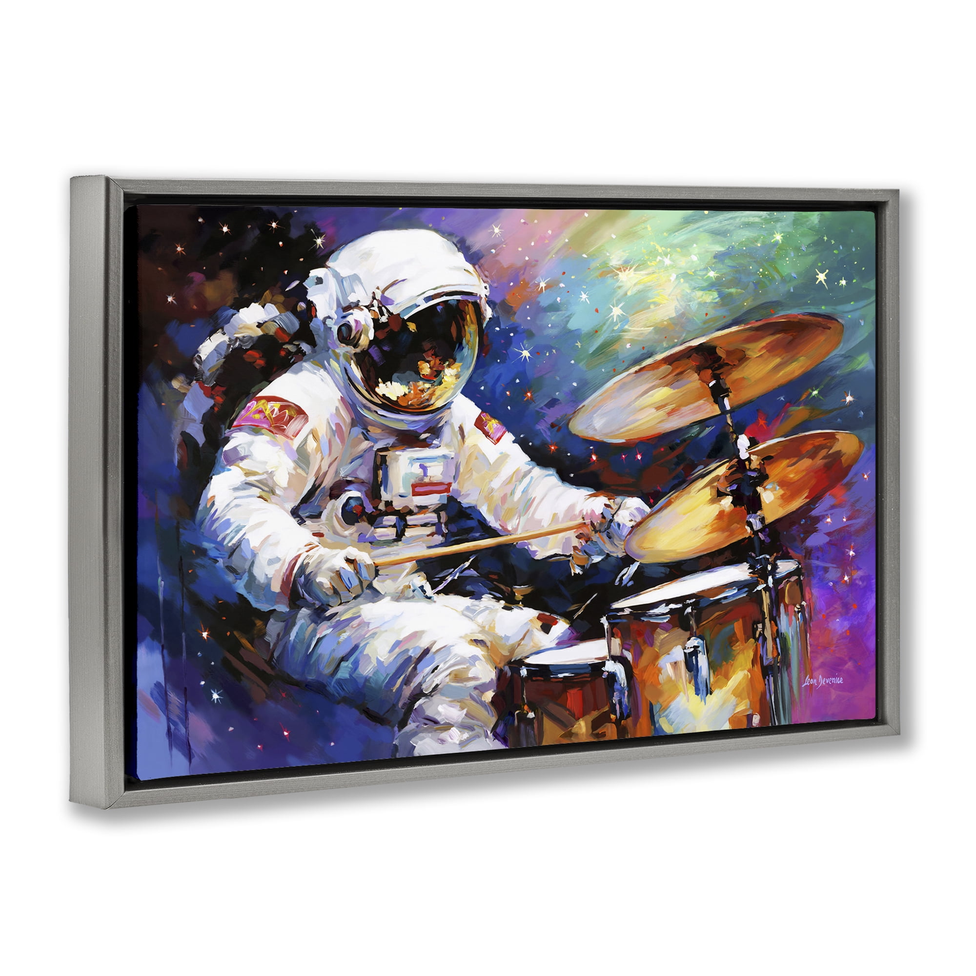Stupell Industries Cosmic Drummer Musician Astrology & Stars Painting Gray Floater Framed Canvas Art Print Wall Art, 25 x 17